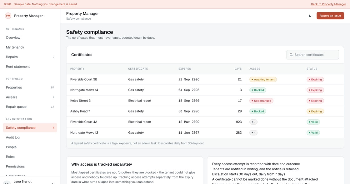 Safety certificates counted down by days with access status and expiry warnings