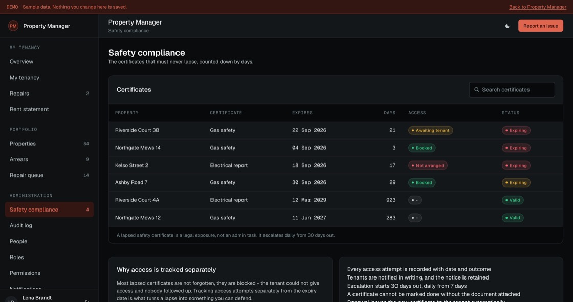 Safety certificates counted down by days with access status and expiry warnings