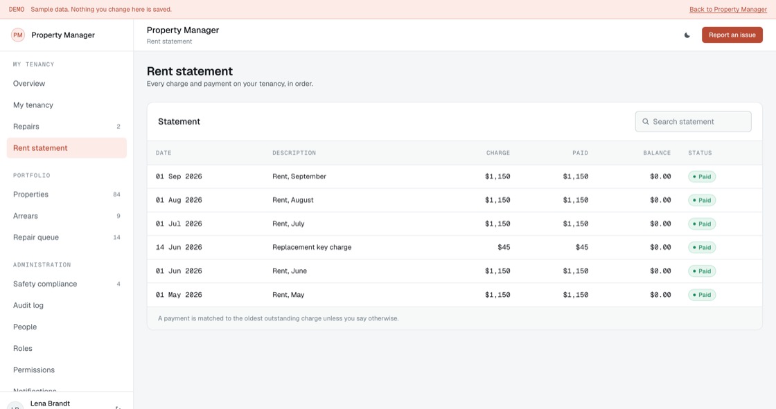 Rent statement listing every charge and payment with a running balance
