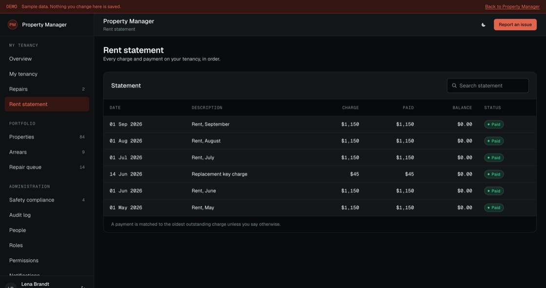 Rent statement listing every charge and payment with a running balance