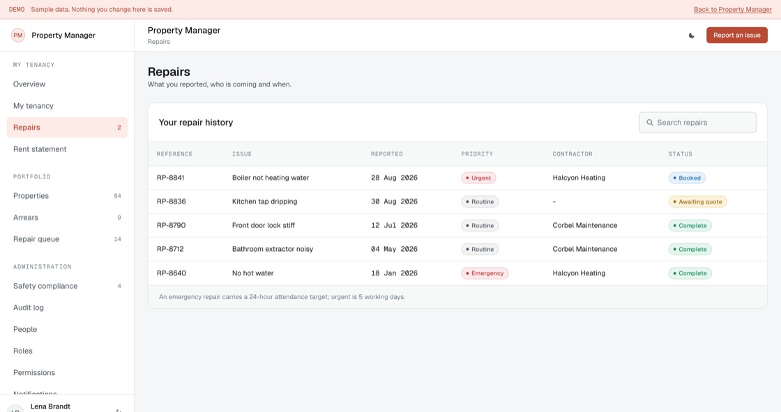 Repair history showing issue, date reported, priority, assigned contractor and current status