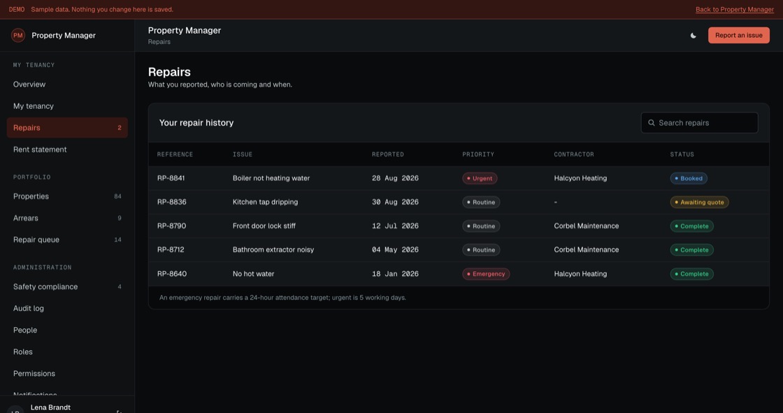 Repair history showing issue, date reported, priority, assigned contractor and current status