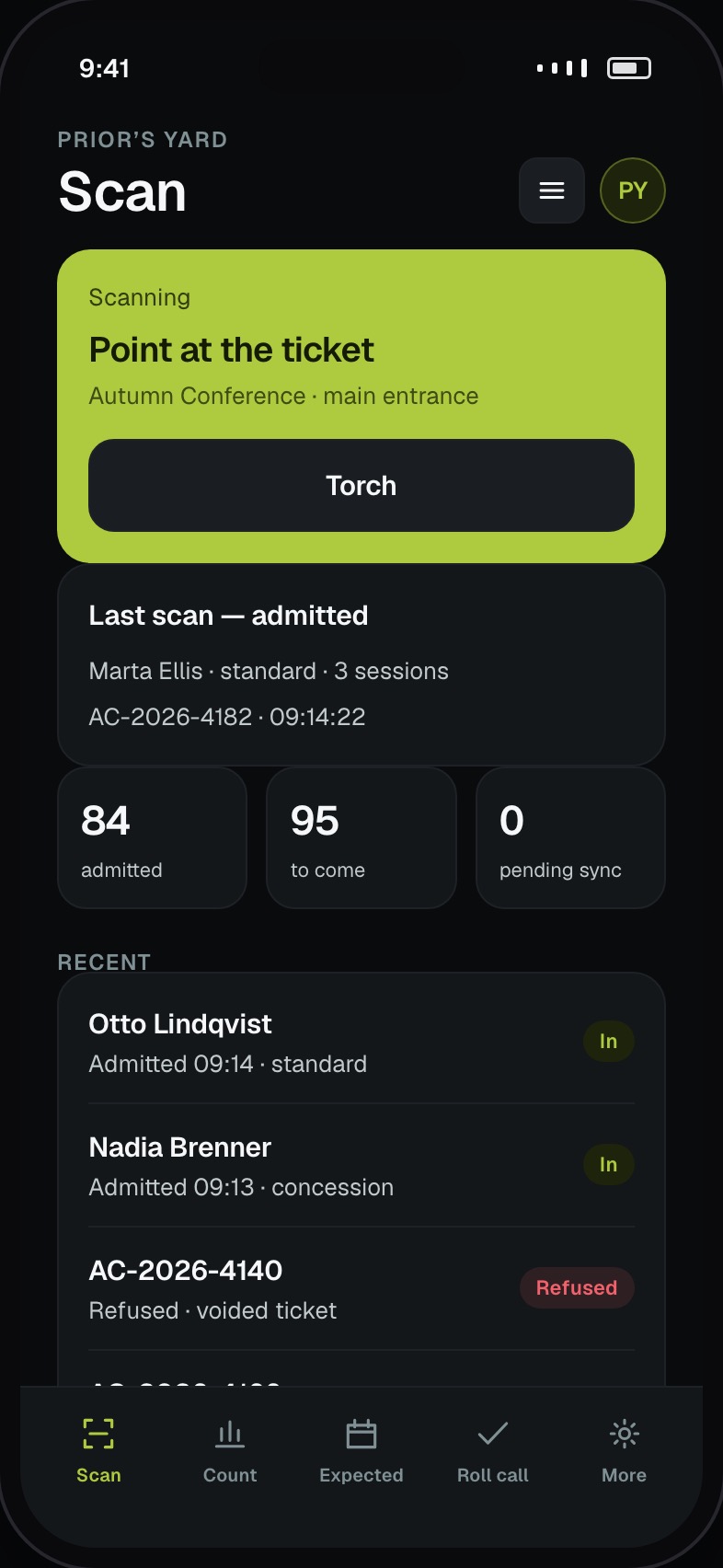 Door scanning screen with the last result and running admitted count