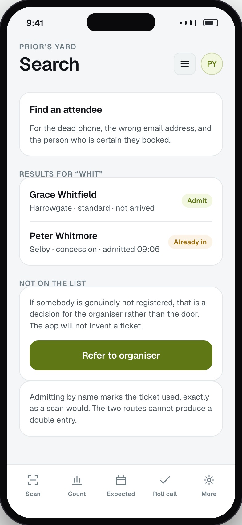 Name search for attendees whose phone or ticket is unavailable