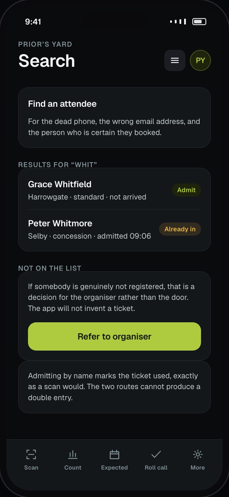 Name search for attendees whose phone or ticket is unavailable