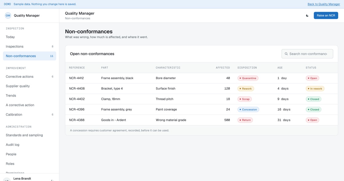 Non-conformance list with characteristic, units affected, disposition and age