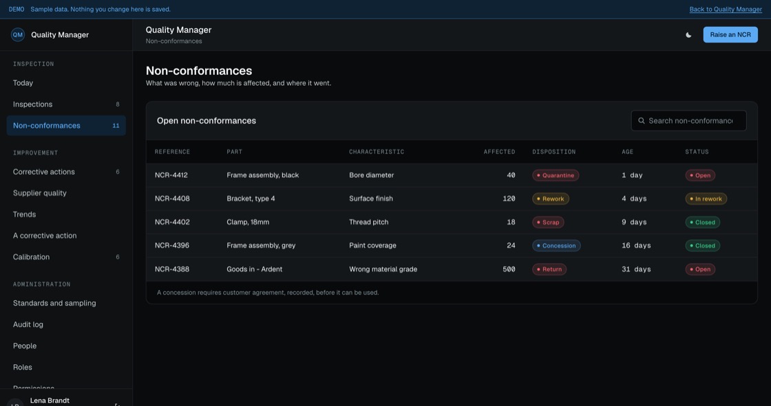 Non-conformance list with characteristic, units affected, disposition and age