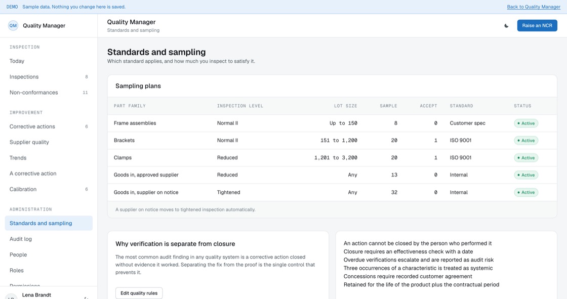Sampling plans by part family showing inspection level, lot size, sample size and accept criteria