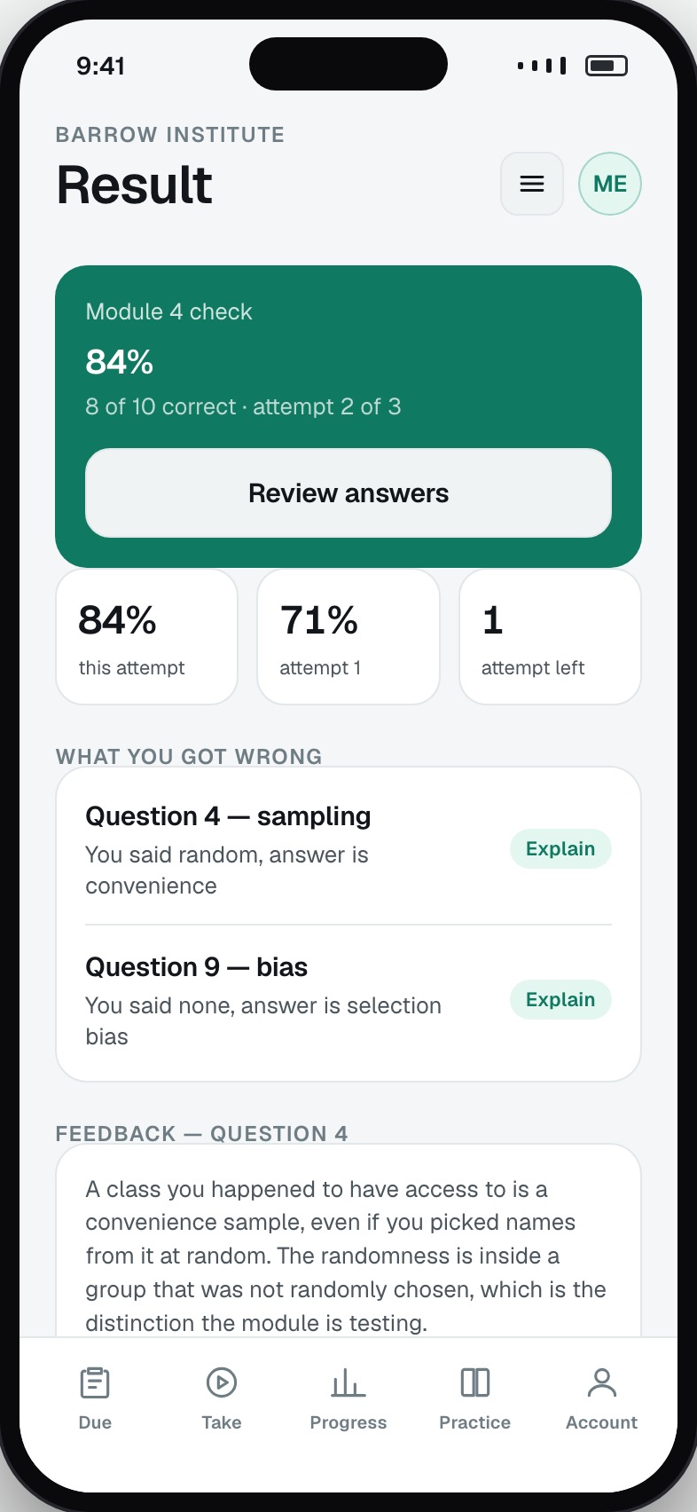 Quiz result with score, per-question feedback and what was wrong