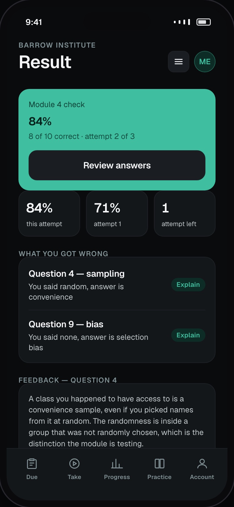 Quiz result with score, per-question feedback and what was wrong