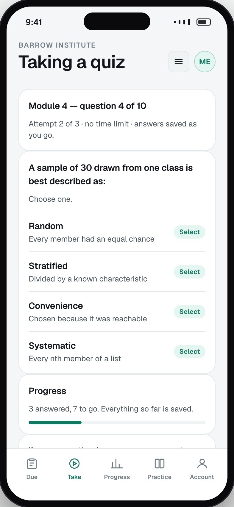 Taking a quiz with question progress and saved answers