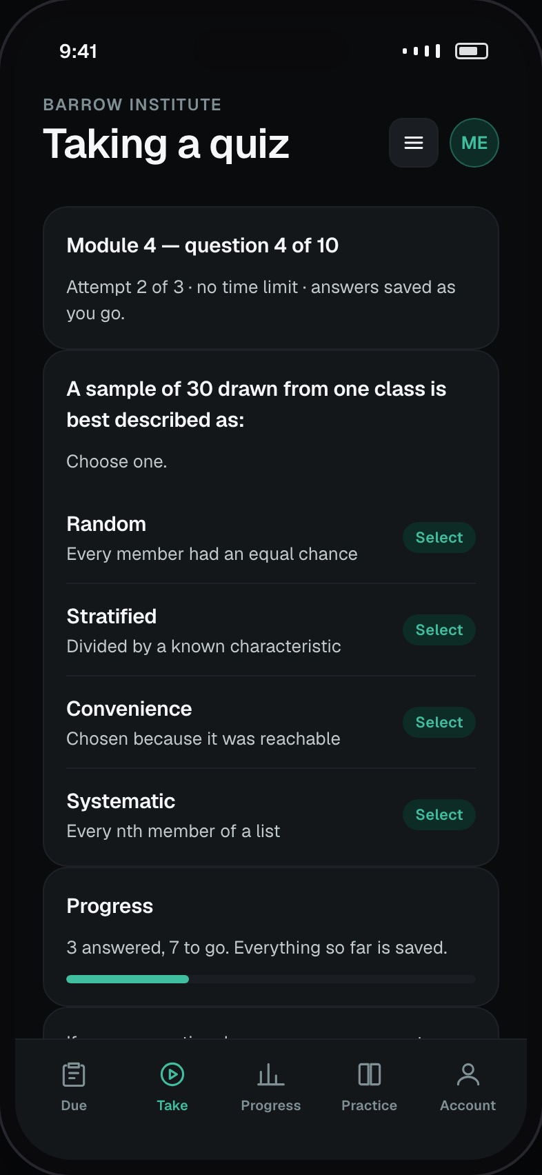 Taking a quiz with question progress and saved answers