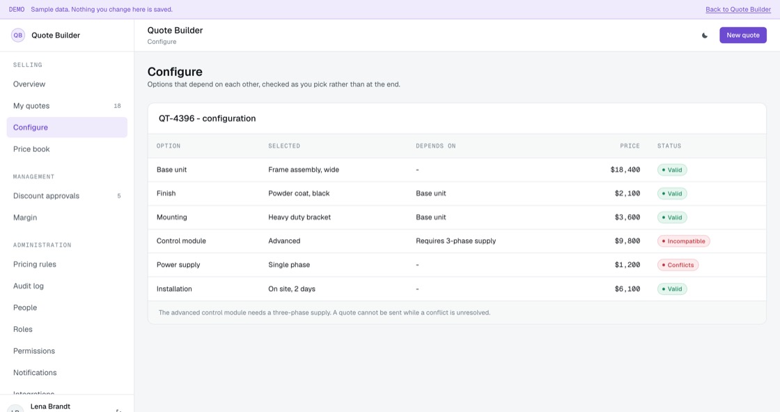 Product configuration showing selected options, dependencies and an incompatible combination flagged