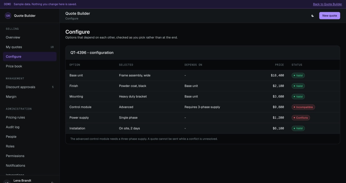 Product configuration showing selected options, dependencies and an incompatible combination flagged