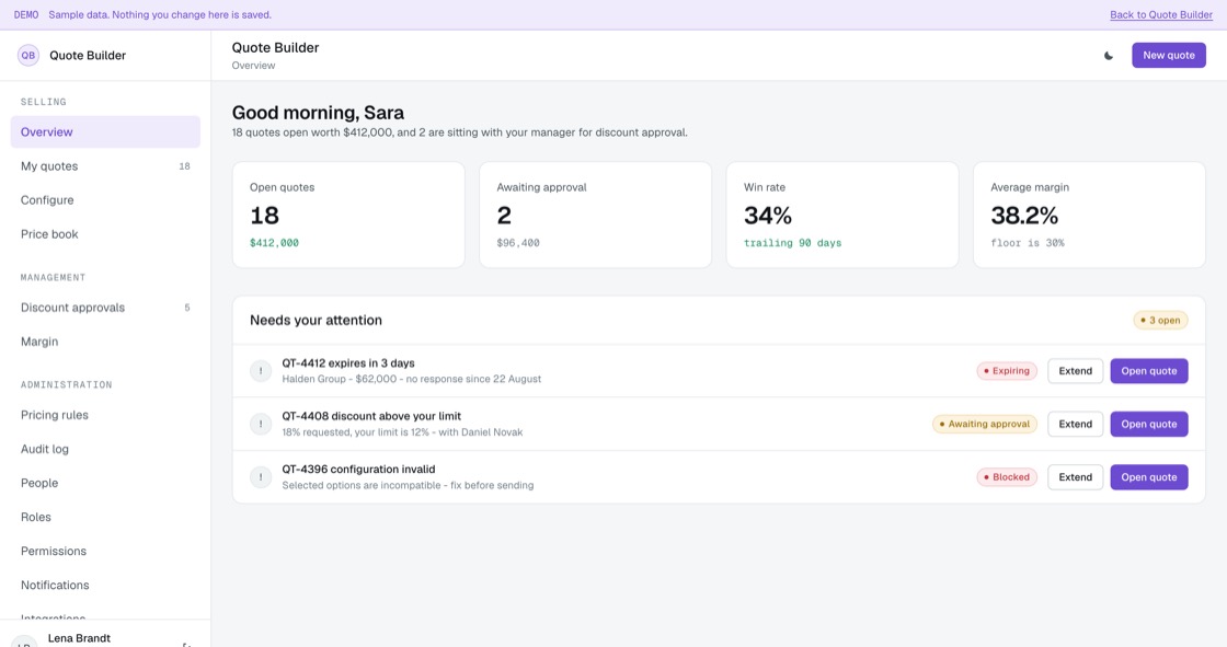 Quote Builder overview showing open quotes, approvals awaiting, win rate and average margin