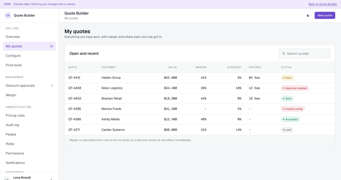 Quote list with customer, value, margin, discount applied, expiry date and status