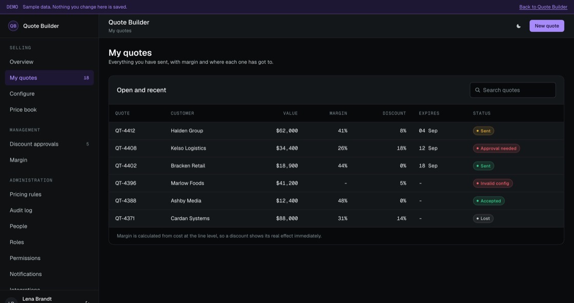 Quote list with customer, value, margin, discount applied, expiry date and status