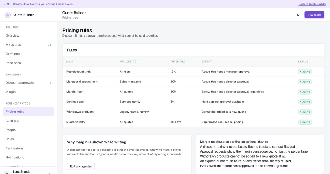 Pricing rules listing discount limits, margin floor, hard caps and their effects