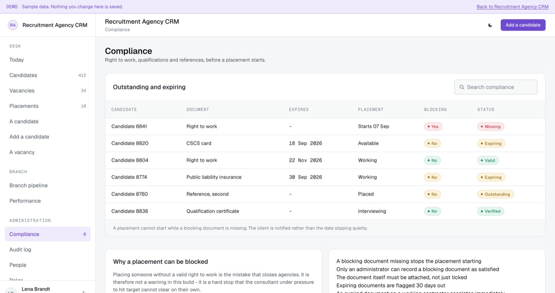 Outstanding and expiring compliance documents showing which are blocking a placement start