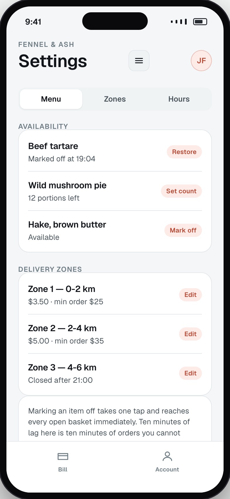 Owner menu management with prices, availability and delivery zones