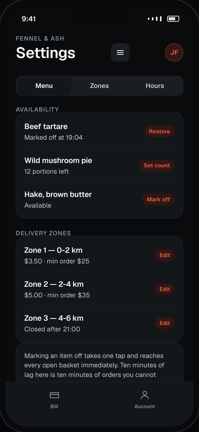 Owner menu management with prices, availability and delivery zones