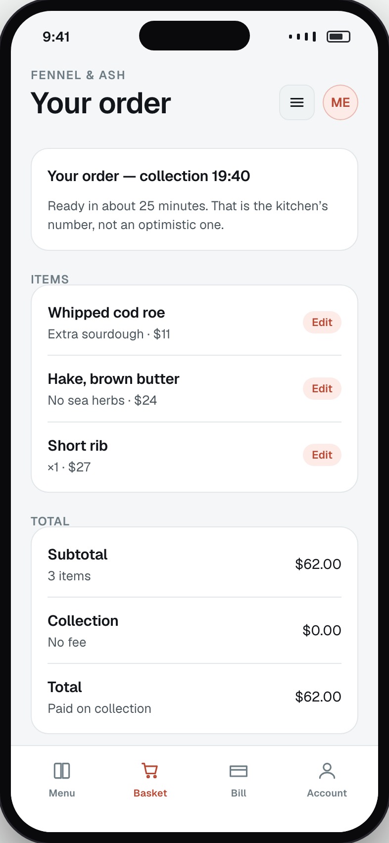 Order basket with modifiers, collection or delivery choice and an honest time