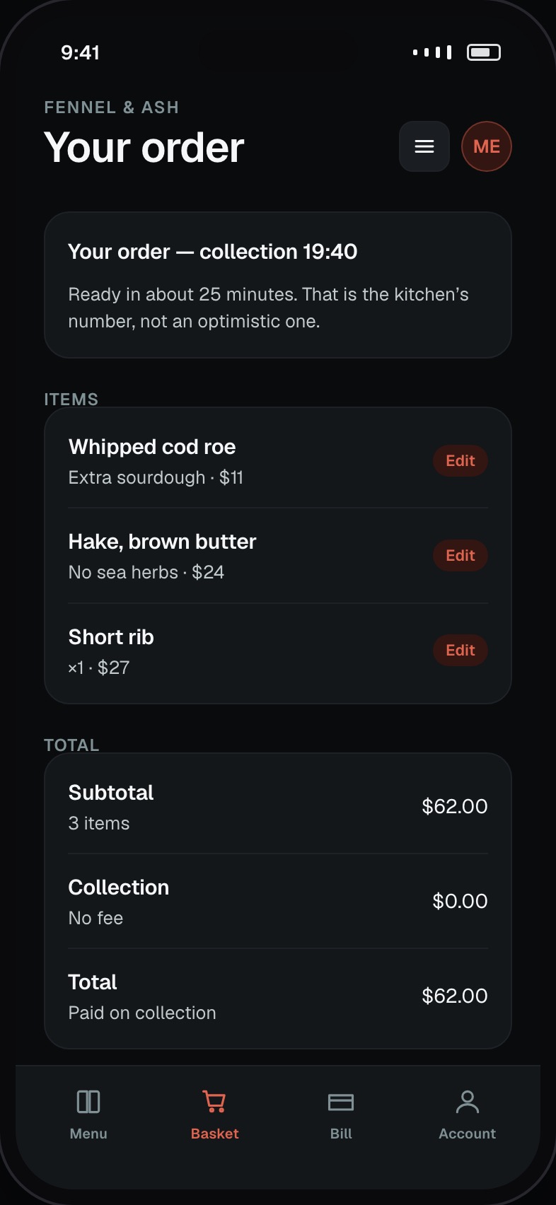 Order basket with modifiers, collection or delivery choice and an honest time