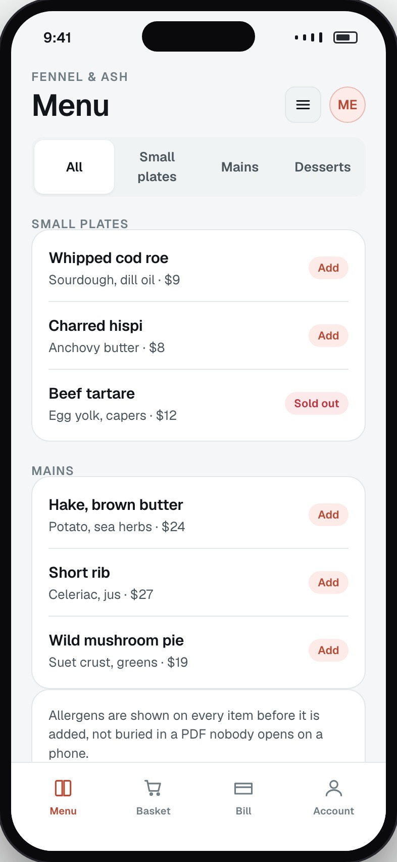 Restaurant menu with sections, prices, allergens and sold-out items marked