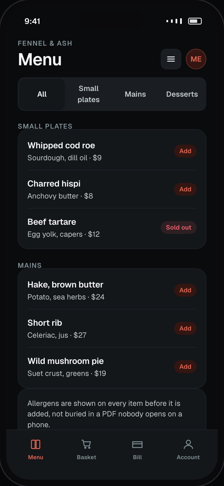 Restaurant menu with sections, prices, allergens and sold-out items marked