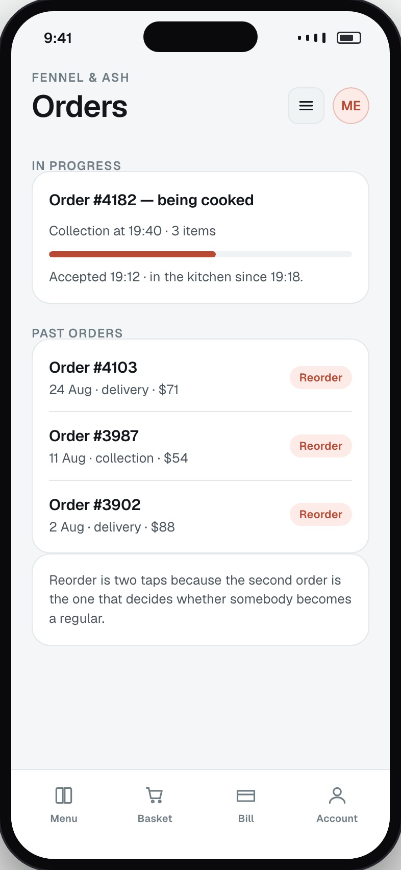 Customer order history with live status and a reorder action