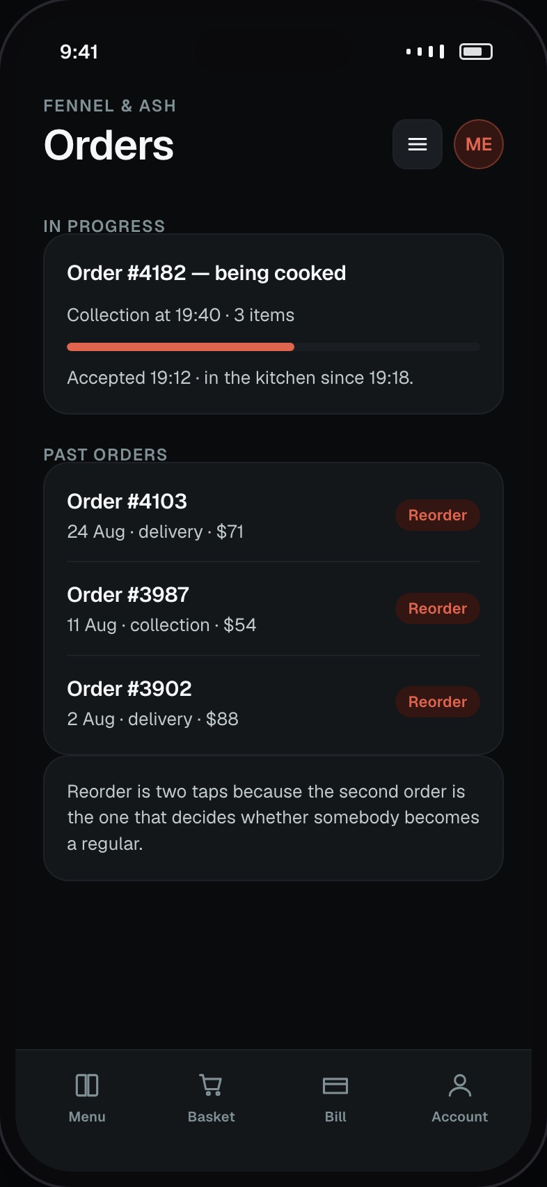 Customer order history with live status and a reorder action