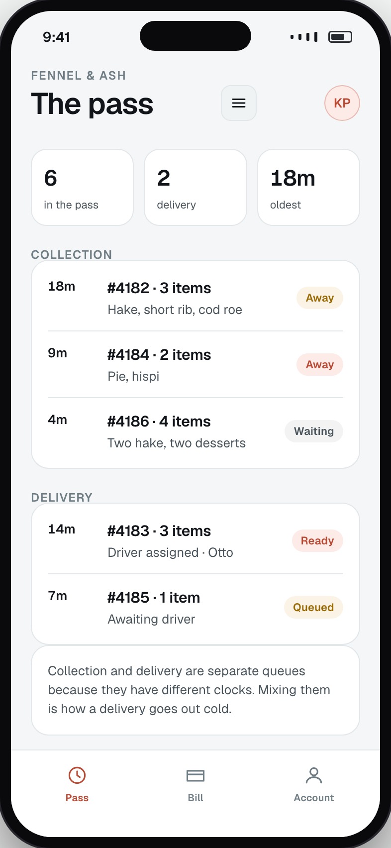 Kitchen pass showing incoming orders with prep clocks and ready actions
