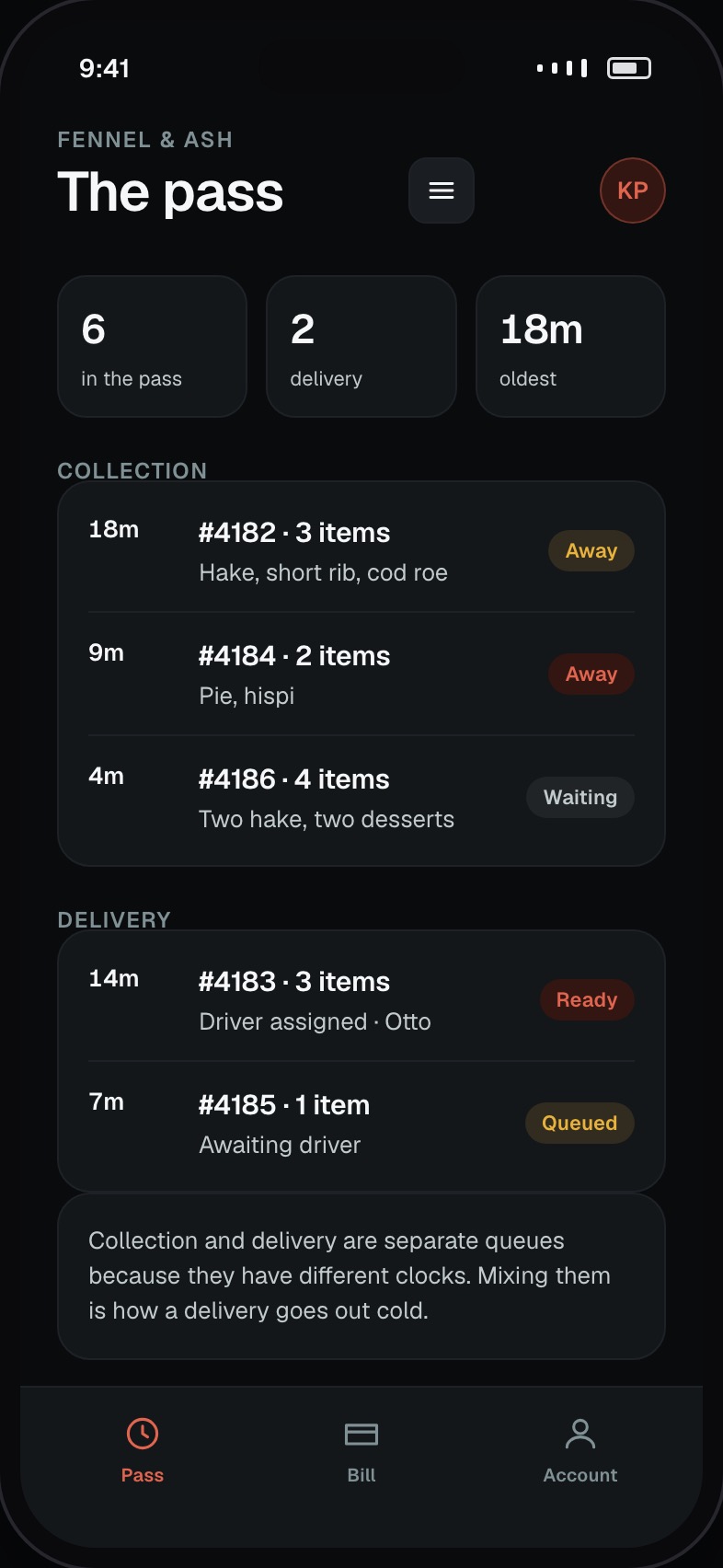 Kitchen pass showing incoming orders with prep clocks and ready actions