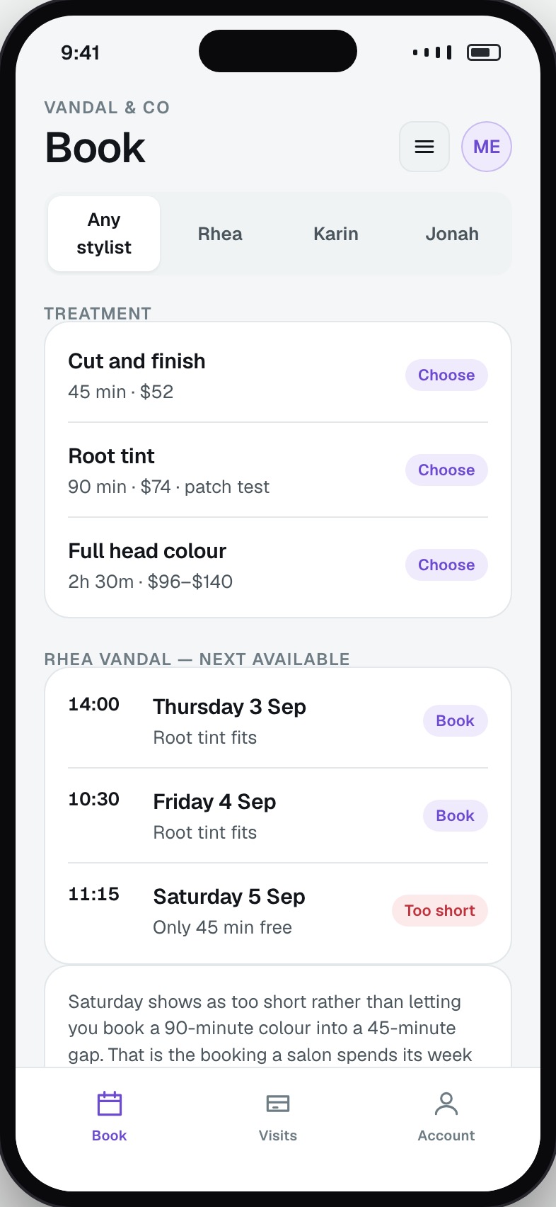 Salon booking with treatment, stylist choice and available times