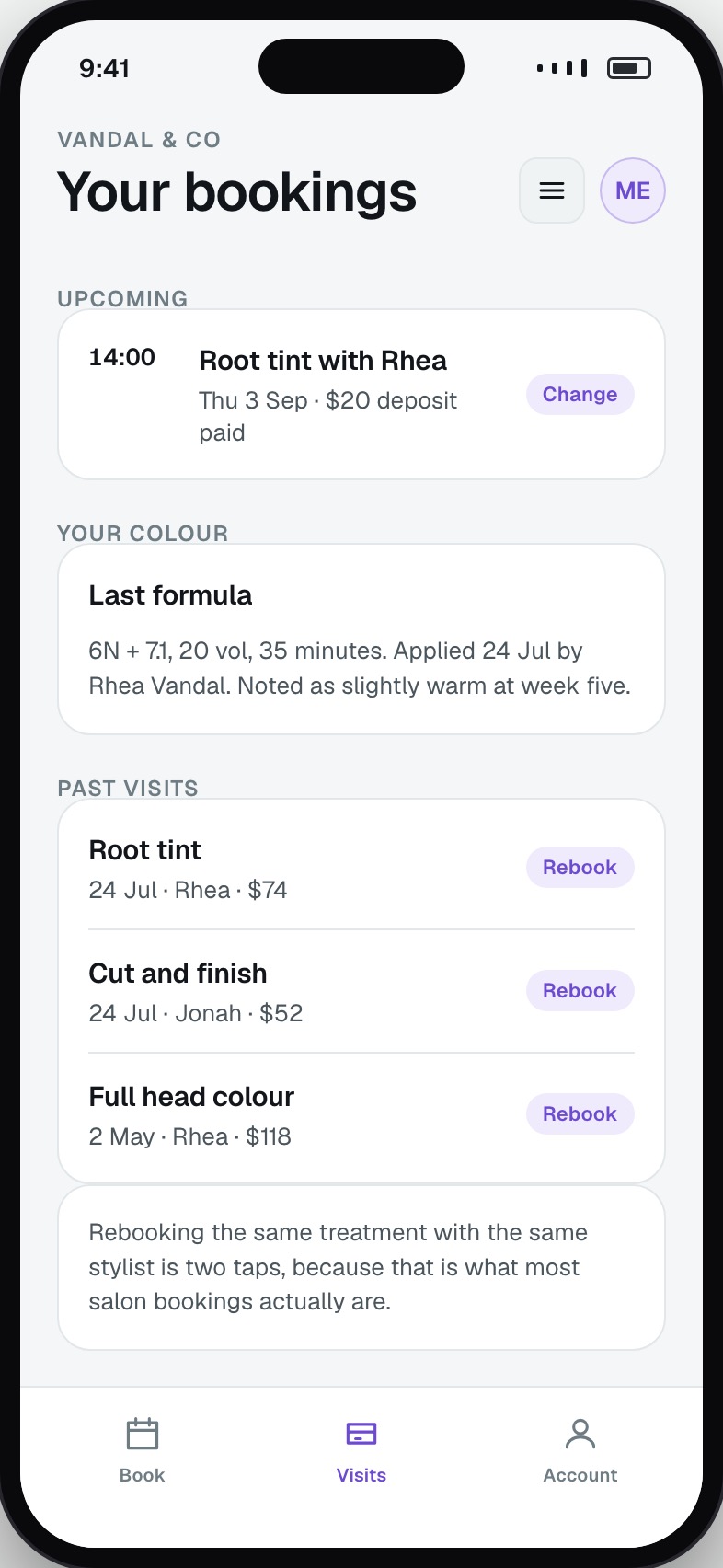 Client visit history with formulas used and a rebook action