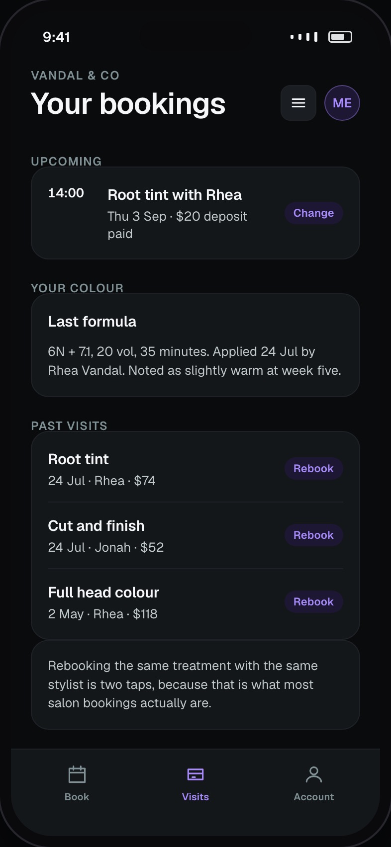 Client visit history with formulas used and a rebook action