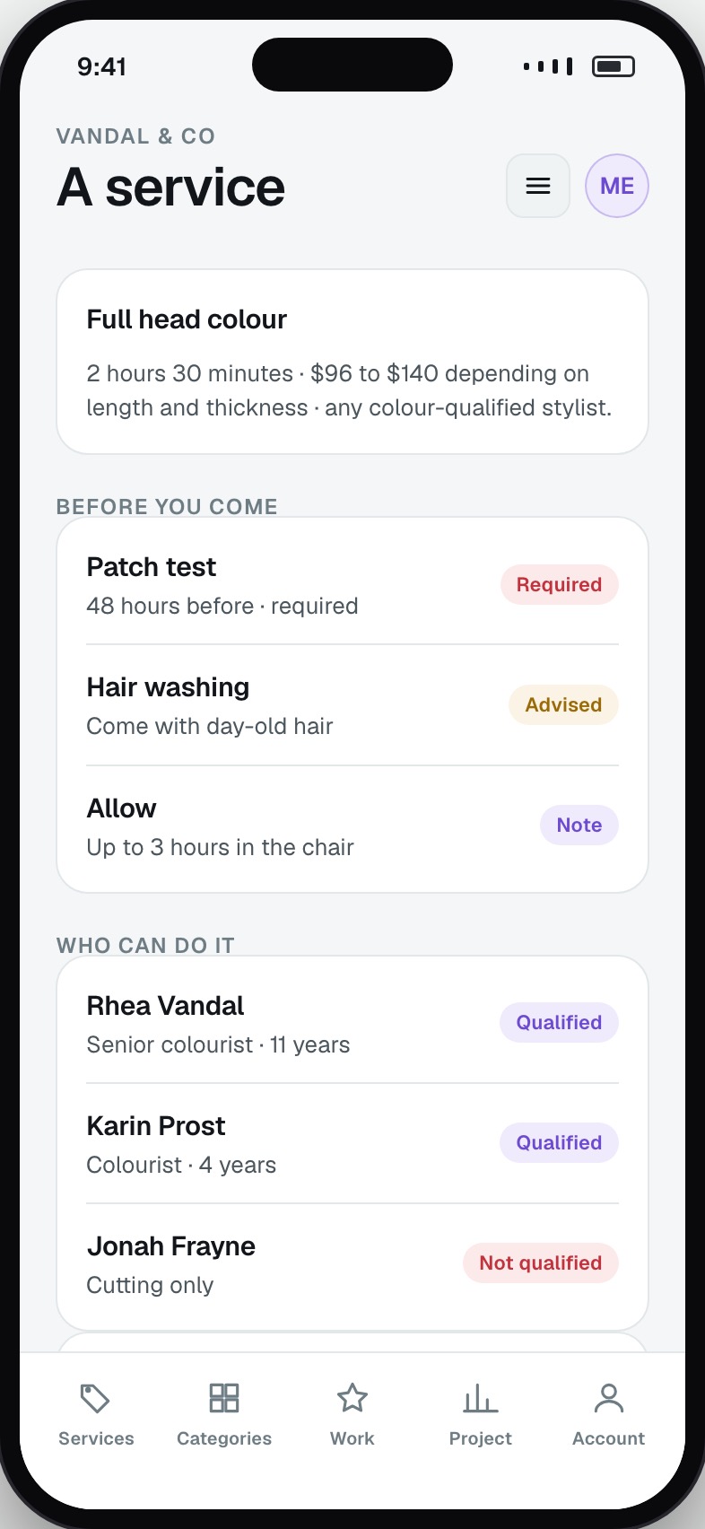 Treatment detail with duration, price, preparation and patch-test requirement
