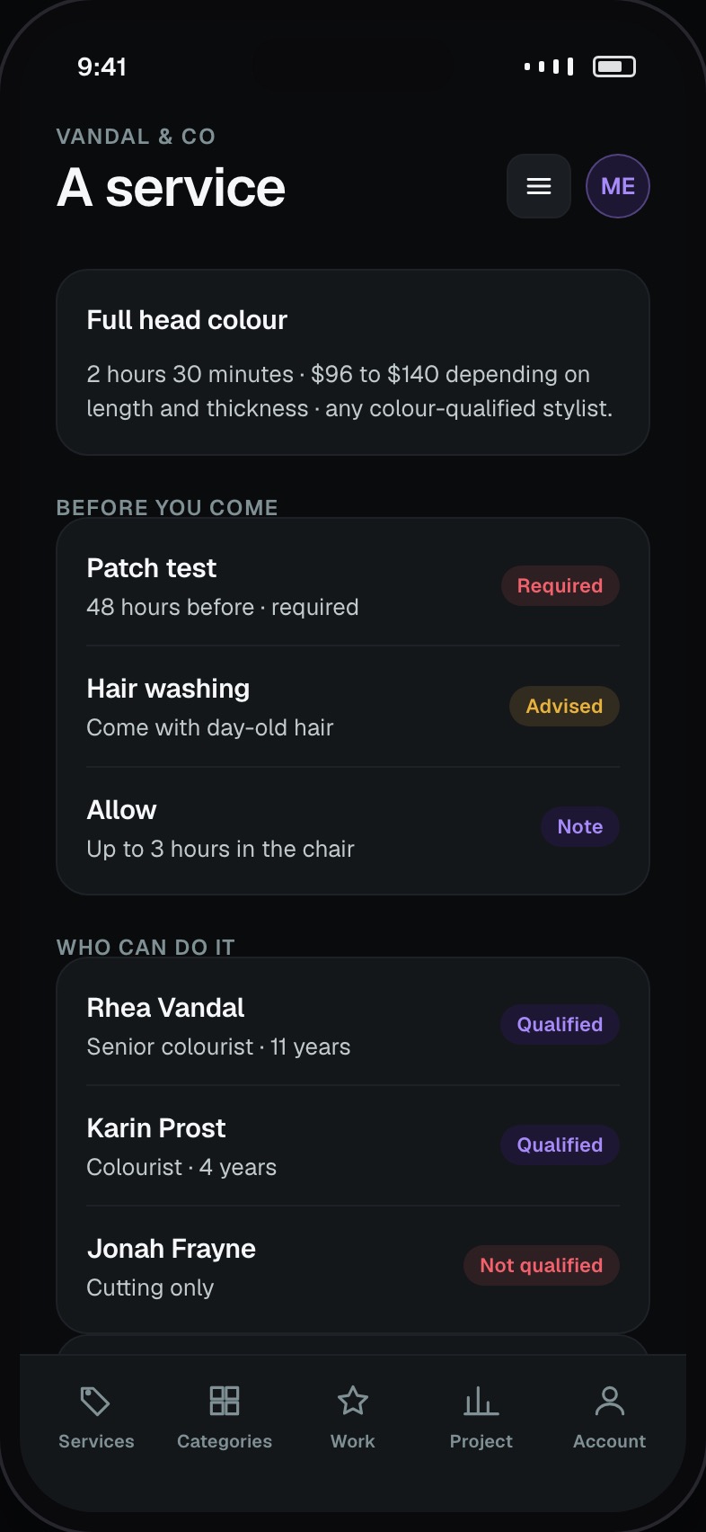 Treatment detail with duration, price, preparation and patch-test requirement