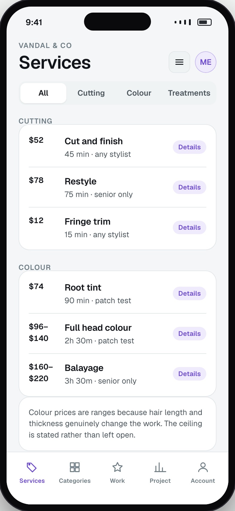Salon service catalogue by category with price and duration per treatment