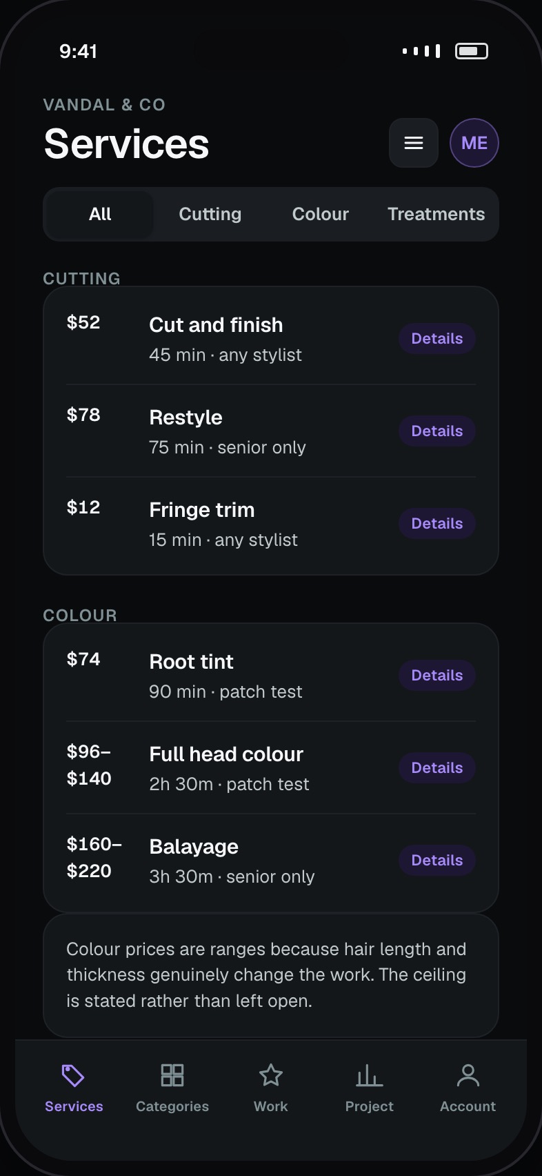 Salon service catalogue by category with price and duration per treatment