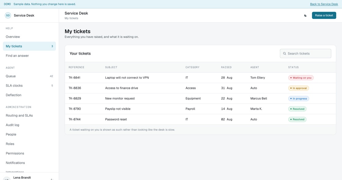 Personal ticket list with category, agent and whether the ticket is waiting on you