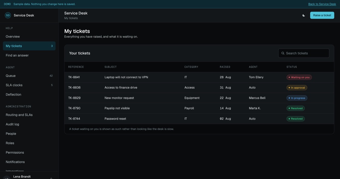 Personal ticket list with category, agent and whether the ticket is waiting on you