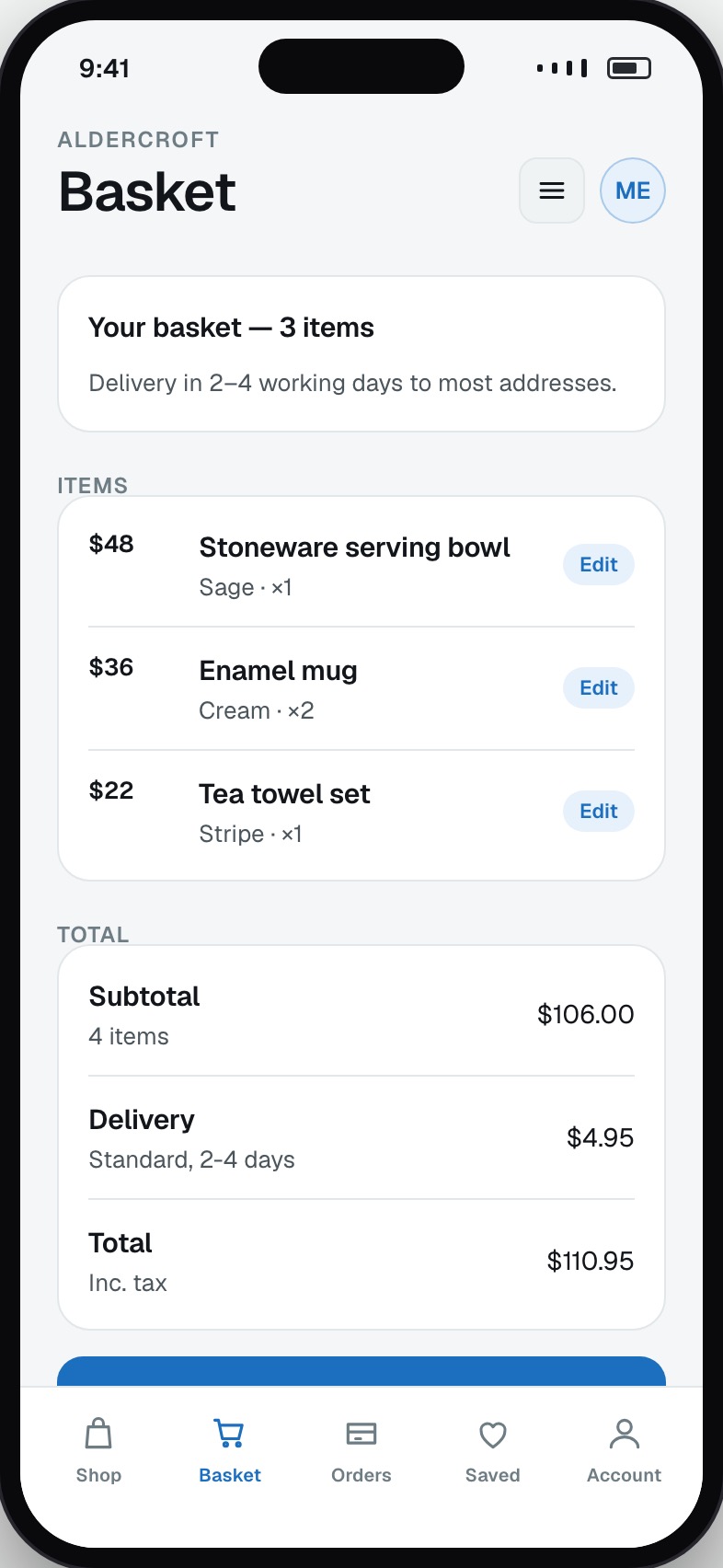 Basket with variants, quantities, delivery choice and total