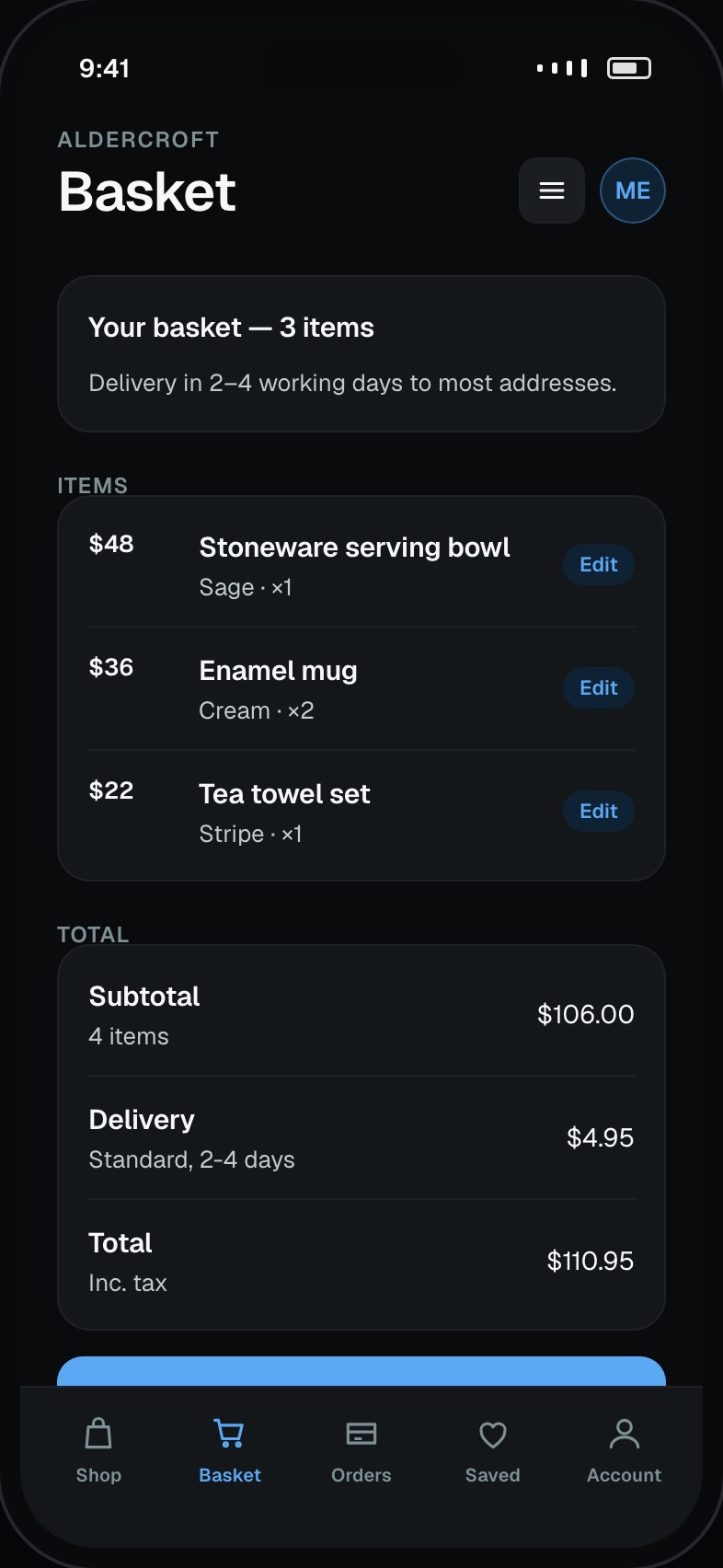 Basket with variants, quantities, delivery choice and total