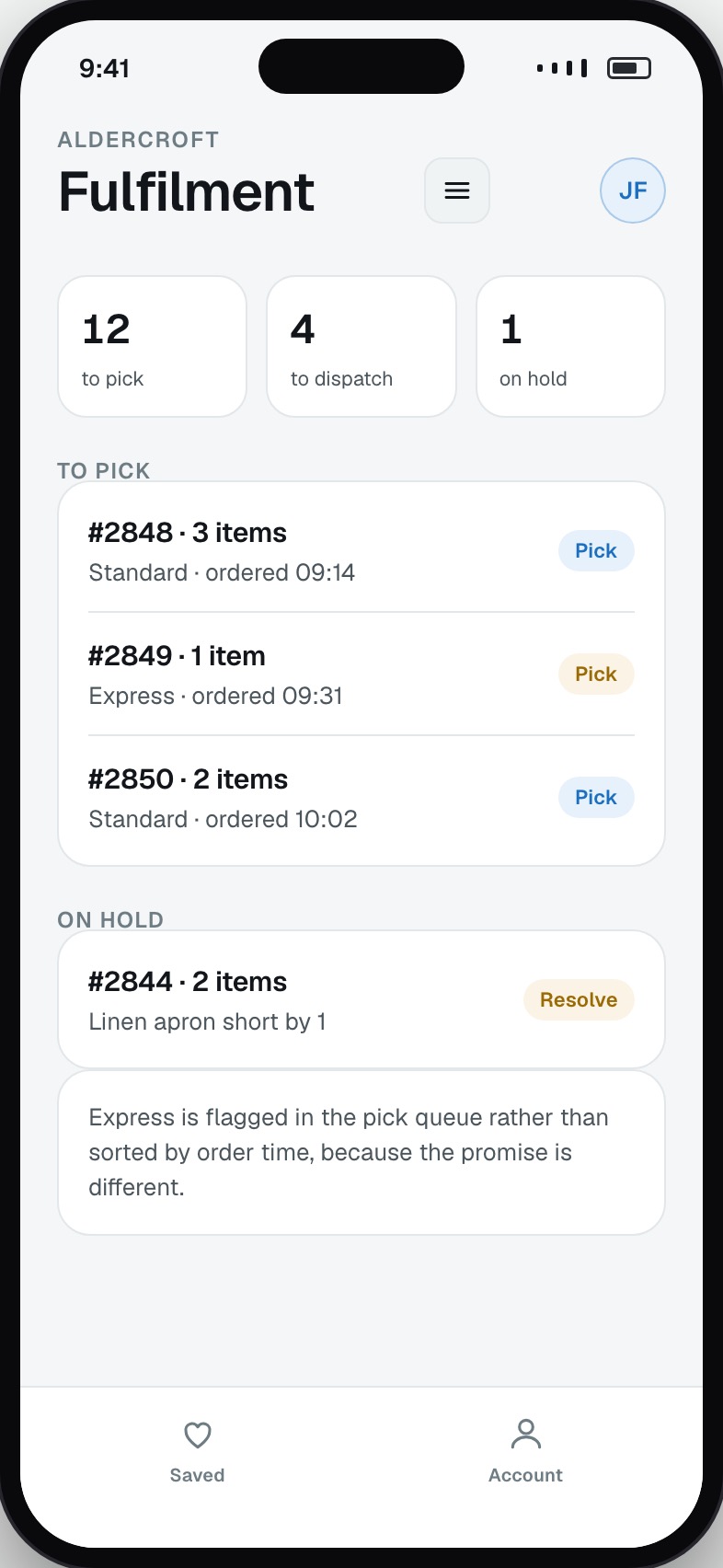 Order fulfilment queue showing what to pick, pack and dispatch
