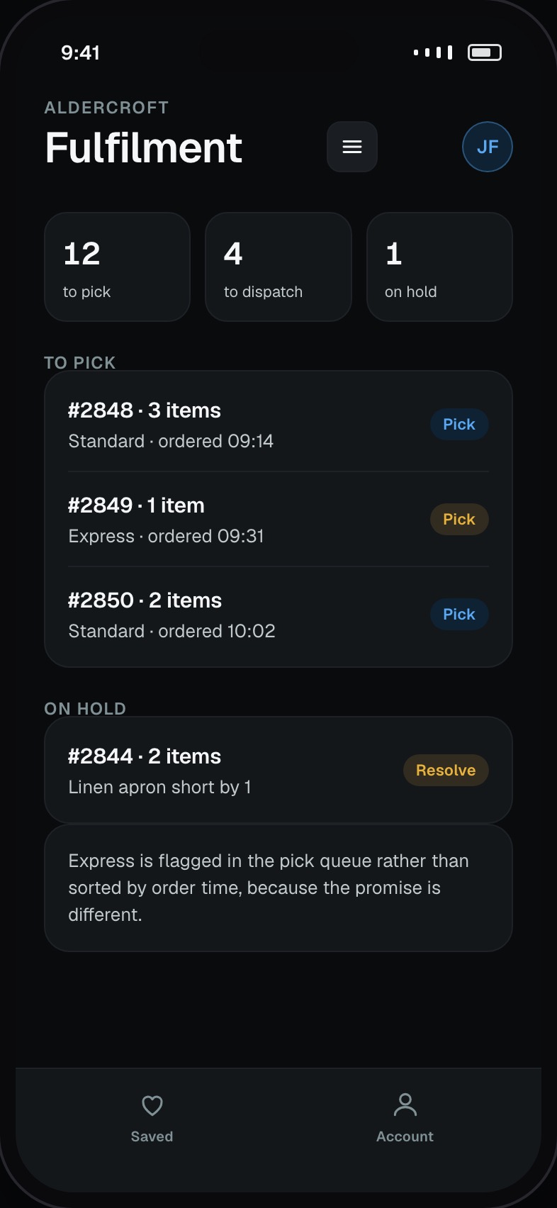 Order fulfilment queue showing what to pick, pack and dispatch