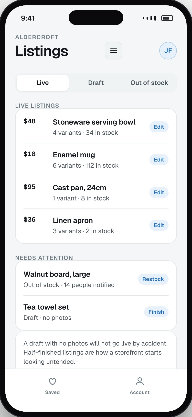 Vendor listings with variants, price and stock per product
