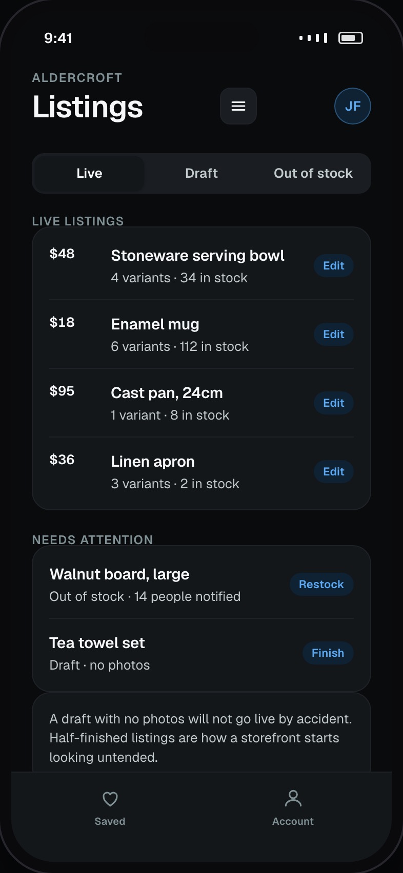 Vendor listings with variants, price and stock per product