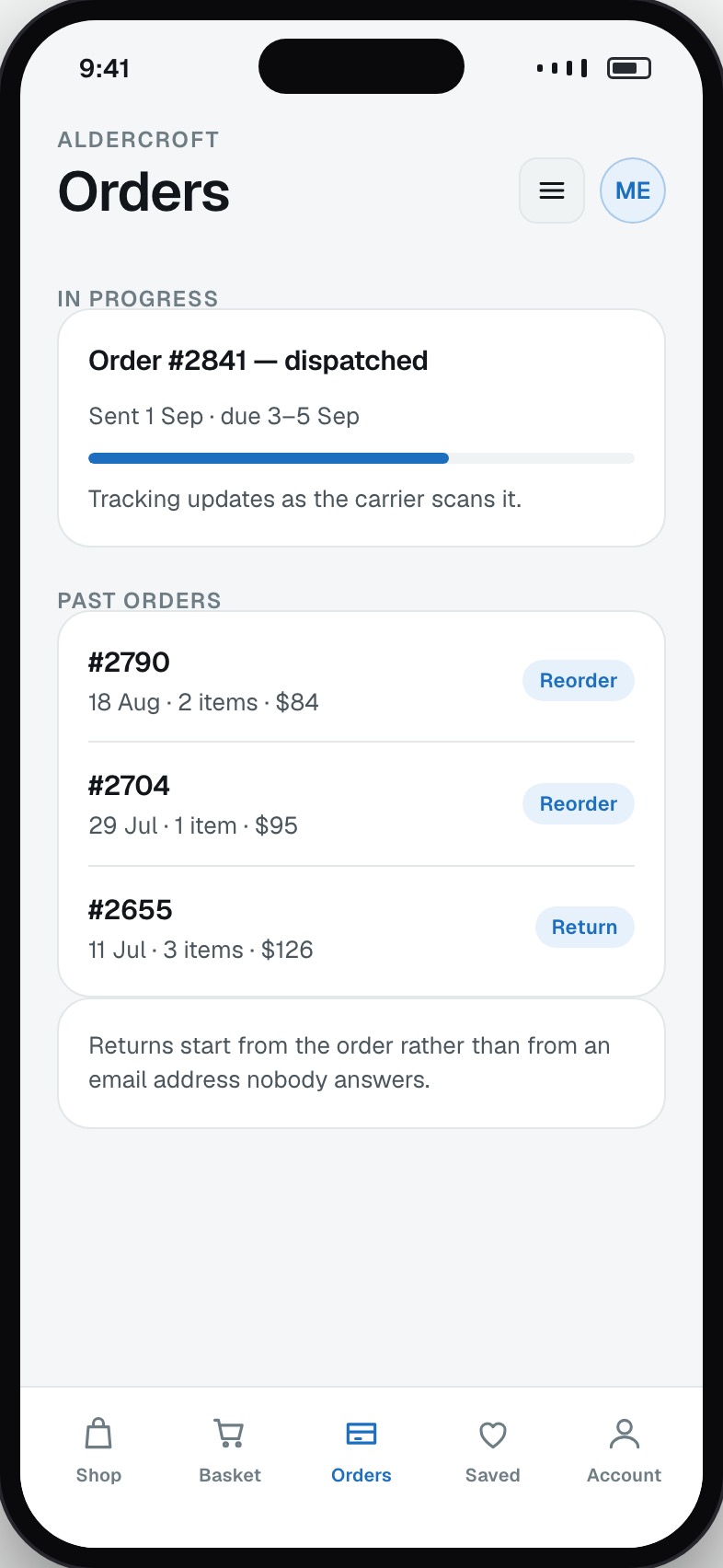 Customer order history with tracking status and a reorder action