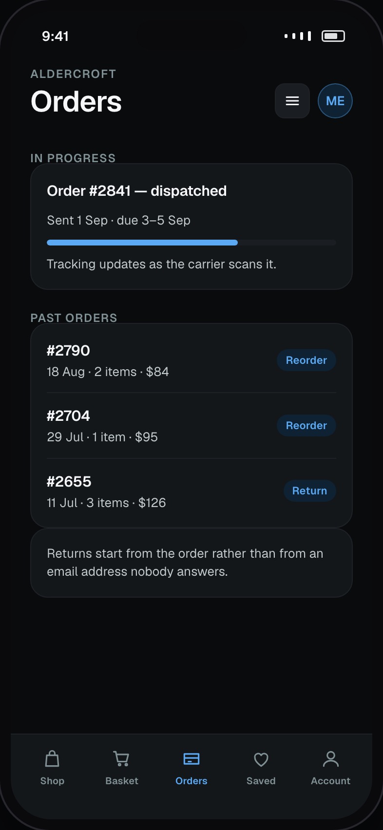 Customer order history with tracking status and a reorder action